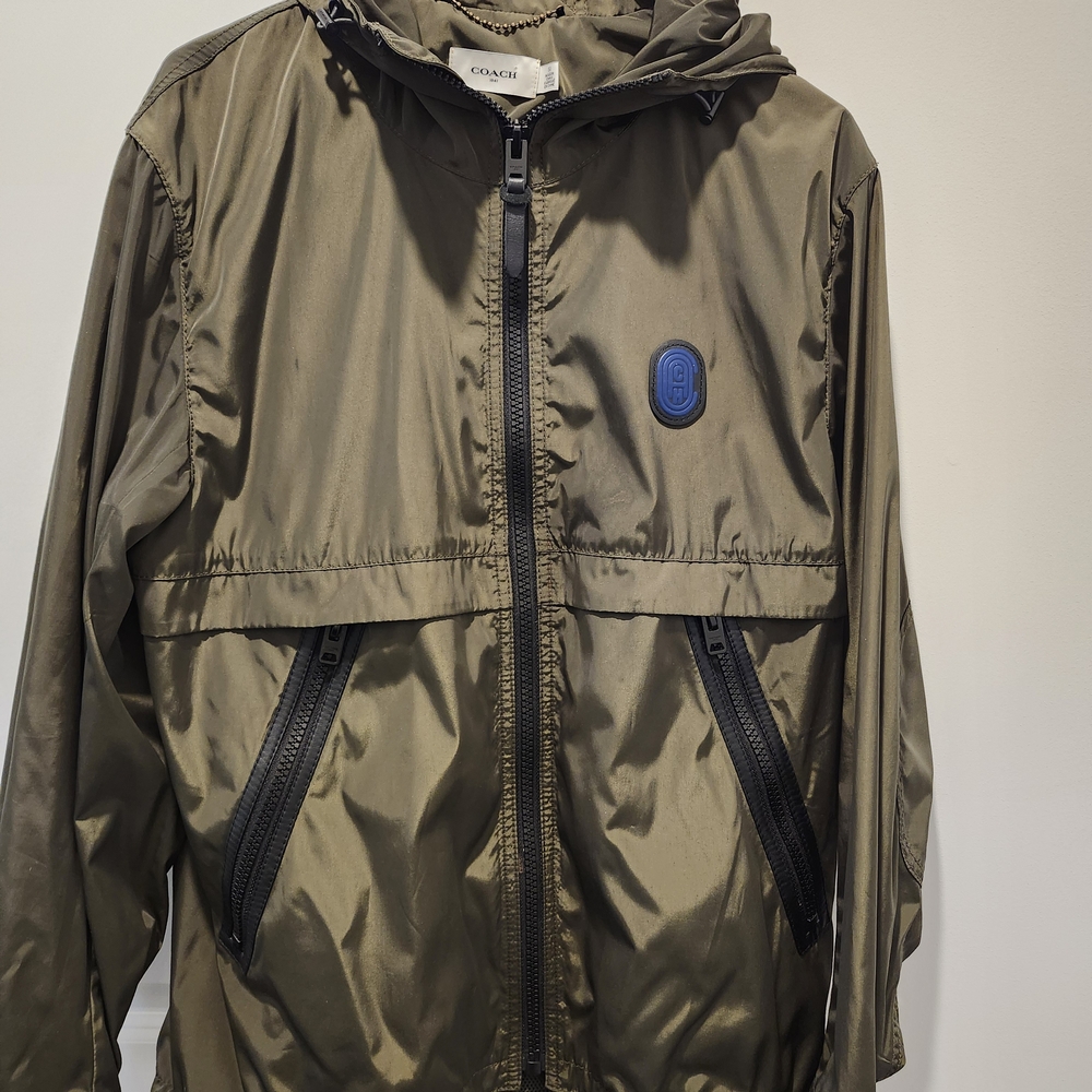 Coach Olive Green Hooded Windbreaker with Blue Logo